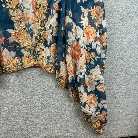 Boho Wrap Floral Art Scarf 35x89 Beachy Sarong Gold Sequins Teal Blue Peach - Picture 5 of 8